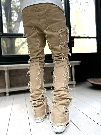 Ins Fringes Ripped Trousers Individual Patched Pants Long Tight Fit Stacked Jeans for Mens Clothing